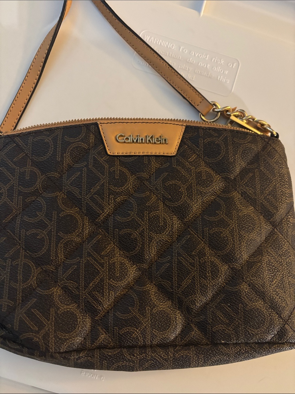 Calvin Klein Dark Brown Quilted Logo Crossbody with Tan Trim
